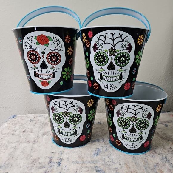 4 - 8" Tall x 5" Wide Halloween Day Of The Dead Skull Tin Bucket Pail Decoration - Picture 2 of 4